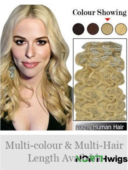 Designed Blonde Wavy Remy Human Hair Clip In Hair Extensions