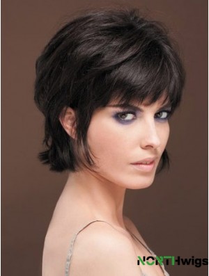 Naturally Straight Human Hair Wig With Bangs Capless Short Length Black Color