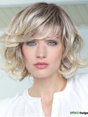 Human Hair Curly Wigs With Bangs Monofilament Shoulder Length Blonde Color