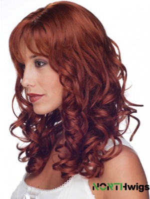 16 inch Red Remy Human Curly Long With Bangs Monofilament Wig Sale UK