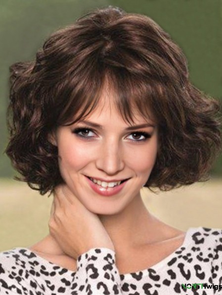 Lace Wig With Bangs Wavy Style Chin Length Brown Color