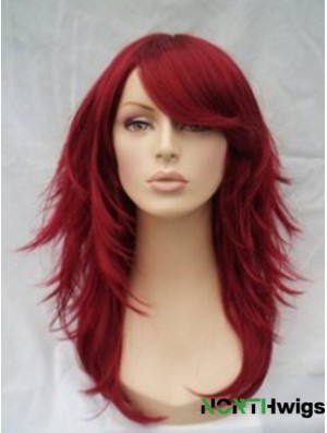 Red Human Hair Wigs Full Wig With Bangs Wavy Style Shoulder Length