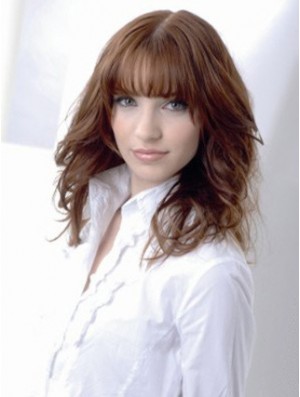 Wavy Human Hair Wig Medium Auburn Color Shoulder Length With Bangs