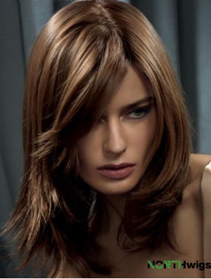 Long Brown Wavy Human Hair Wig With Capless Straight Style