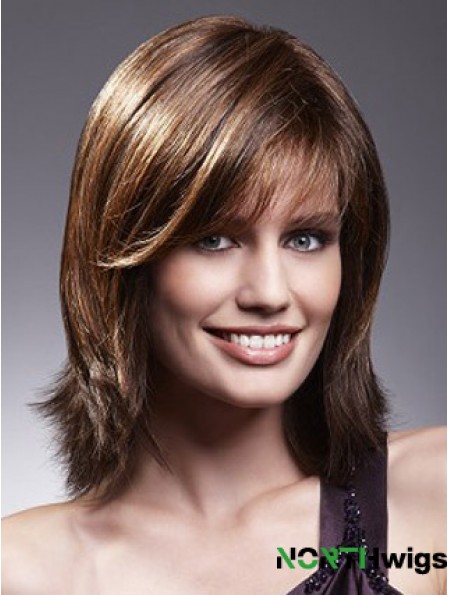 Human Hair Lace Front Wigs With Bangs Brown Color Shoulder Length