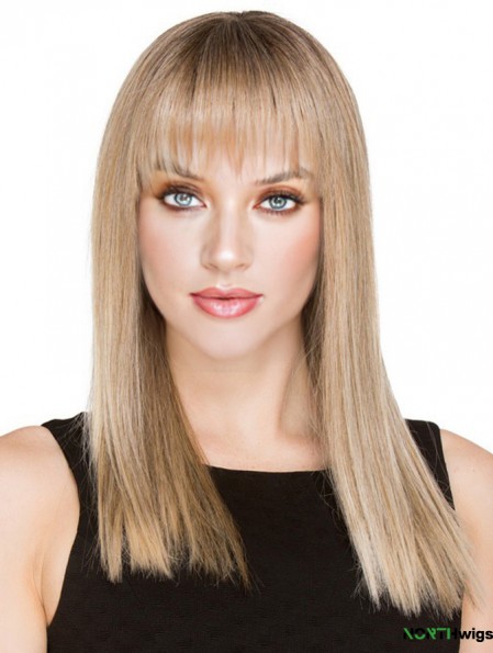 Blonde Long Human Hair Monofilament Wigs With Fringe With Bangs For Women