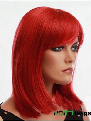 Human Hair Red Wig With Bangs Capless Red Color Straight Style