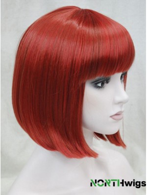 Human Hair Lace Front Wig Chin Length With Bangs Red Color