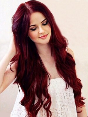 Charming Deep Red Hair Color Long Human Hair Wavy Lace Front Wigs