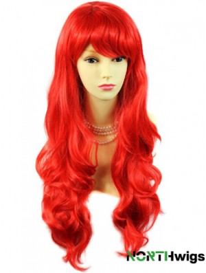 Hot Sale Human Hair Long Wavy With Bangs 24 Inches Red Wigs 