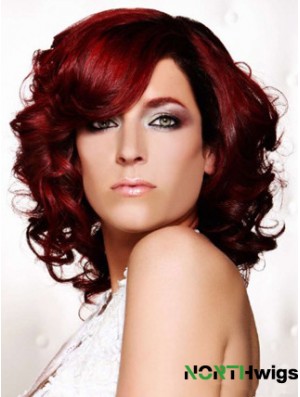 Curly With Bangs Shoulder Length Red Ideal Lace Front Wigs