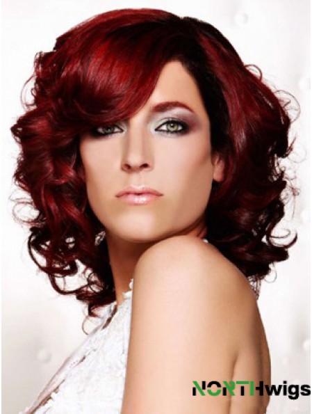 Curly With Bangs Shoulder Length Red Ideal Lace Front Wigs