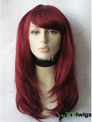 Front Lace Wig With Bangs Long Length Straight Style Red Color