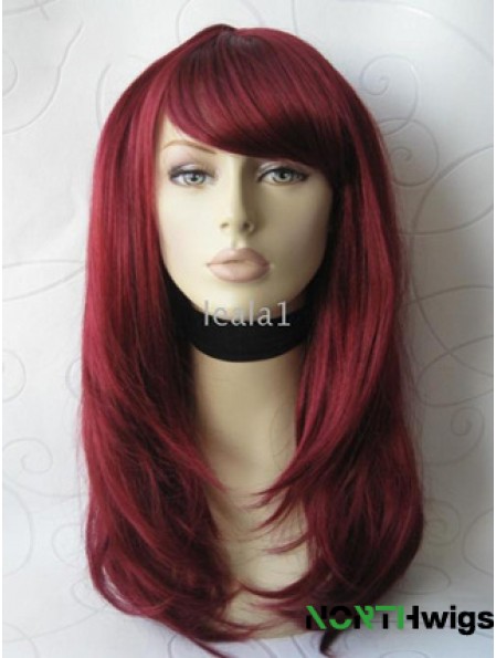 Front Lace Wig With Bangs Long Length Straight Style Red Color