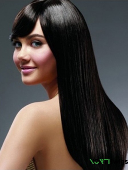 22 inch Black Long With Bangs Yaki Hairstyles Lace Wigs