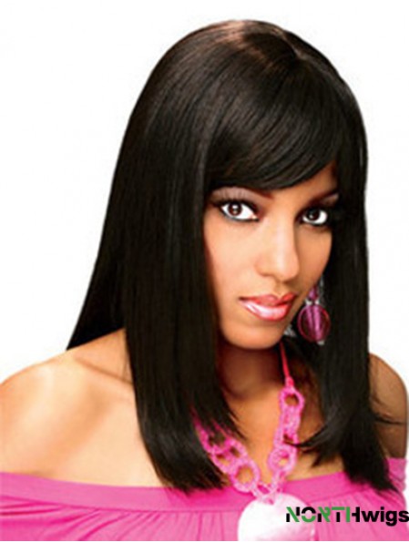 Full Human Hair Wigs With Bangs Full Lace Shoulder Length Black Color