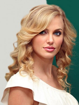 100% Hand-tied With Bangs Wavy Shoulder Length Blonde Suitable  Wigs