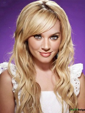 With Bangs Top Wavy Blonde Long Human Hair Lace Front Wigs