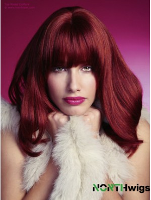 Straight With Bangs Shoulder Length Red Perfect Lace Front Wigs