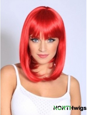 Straight With Bangs Shoulder Length Red Fashionable Lace Front Wigs