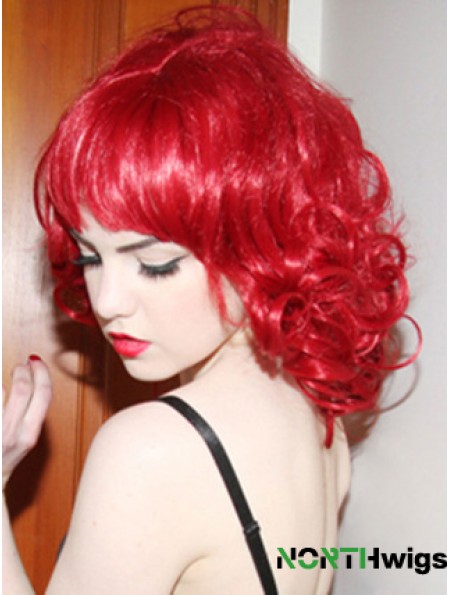 Curly With Bangs Shoulder Length Red Convenient Lace Front Wigs