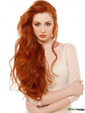 Without Bangs Long Copper Wavy 24 inch Soft Human Hair Beyaz Tenliler Wigs