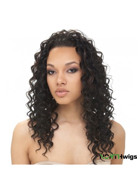 Natural Black Long Without Bangs Curly Glueless Lace Front Wigs