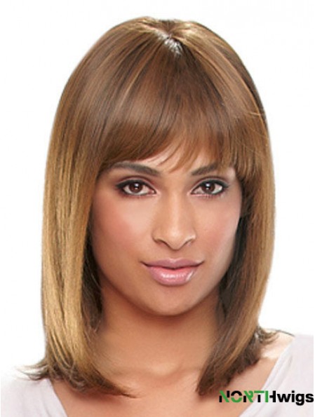 Shoulder Length Auburn Straight With Bangs Designed African American Wigs