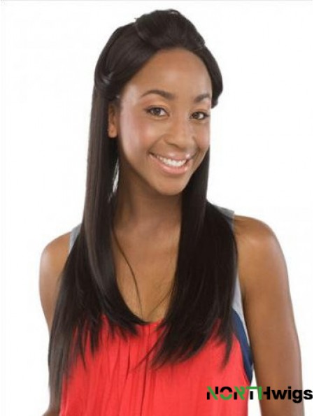 Without Bangs Sleek Straight Black Long Human Hair Lace Front Wigs