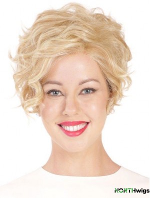 Synthetic Flexibility Cropped Blonde Curly Monofilament Wigs