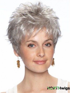 Short Grey Wig With Synthetic Lace Front Wavy Style Grey Cut