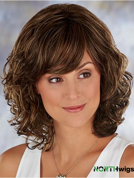 Brown Shoulder Length Wavy With Bangs 13 inch Soft Medium Wigs