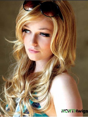 22 inch Wavy With Bangs Monofilament Blonde Suitable Long Wigs