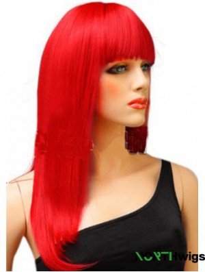 Synthetic Red Hair Wig With Bangs Long Length Straight Style