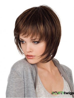 Brown Chin Length Straight With Bangs 10 inch Natural Medium Wigs