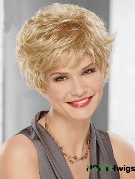 Cheap Synthetic Blonde Color Layered Cut Wavy Style