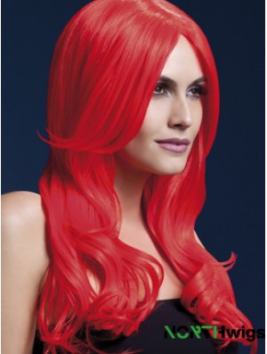 Synthetic Long Hair Wigs Red Color Wavy Style With Capless