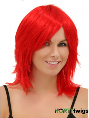 Red Shoulder Length Straight Without Bangs 14 inch Modern Medium Wigs