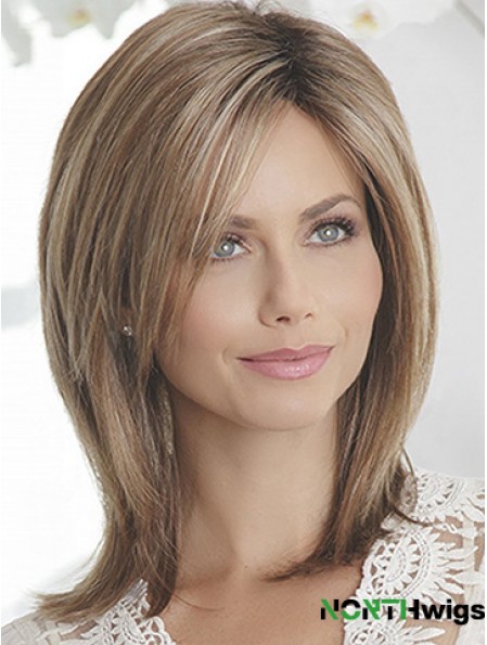 Layered Brown Straight Shoulder Length 14 inch Sleek Medium Wigs