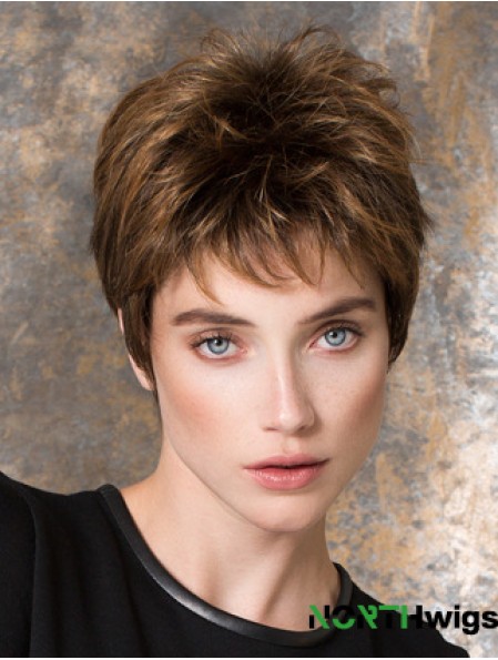 Straight Brown Synthetic Boycuts 4 inch Short Ladies Wigs