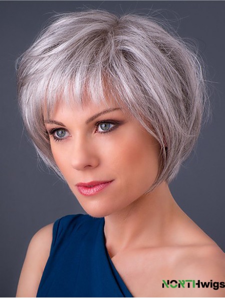 Monofilament 10 inch Chin Length Synthetic Straight Grey Hair Wigs