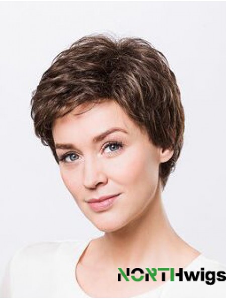 Brown Boycuts Short 8 inch Wavy Synthetic Ladies Monofilament Wigs