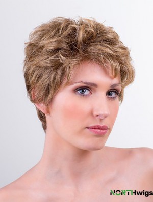 Synthetic Monofilament 6 inch Boycuts Wavy Blonde Short Wigs For Women