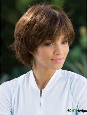 Straight Brown With Bangs 8 inch Mono Top Wigs