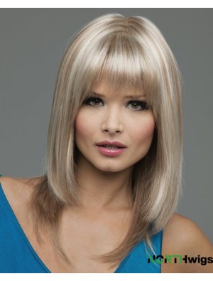 Straight With Bangs Shoulder Length Blonde Natural Lace Front Wigs