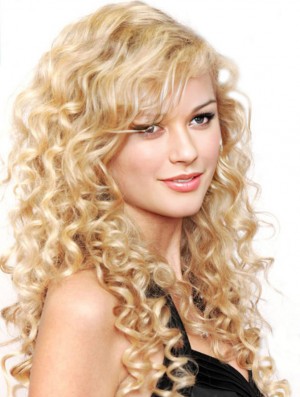 100% Hand-tied With Bangs Curly Long Blonde Stylish  Wigs