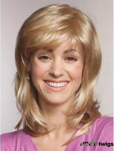 Straight With Bangs Shoulder Length Blonde Popular Lace Front Wigs