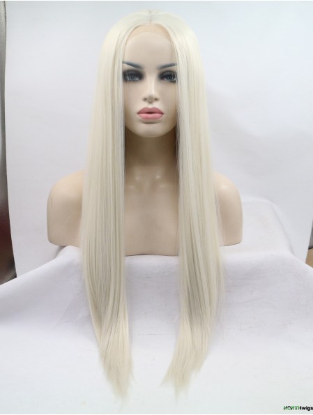 Lace Front Without Bangs Long Straight Grey 28 inch Synthetic Wigs