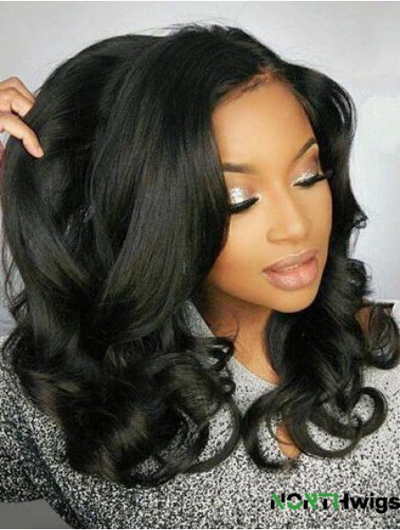 Remy Human Hair Black Wavy 18 inch Without Bangs 360 Lace Wigs