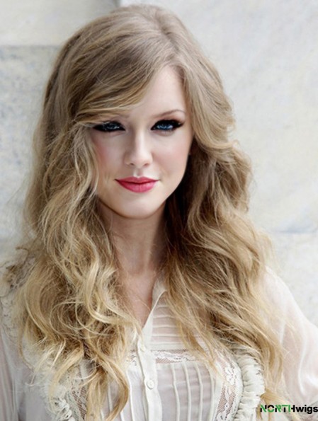 100% Hand-tied With Bangs Wavy Long Blonde Great  Wigs